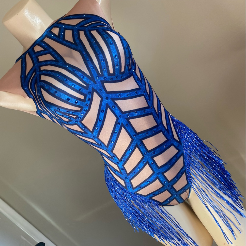 Royal Blue Tassel Glisten Rhinestones Unique Tan Bodysuit: One Size